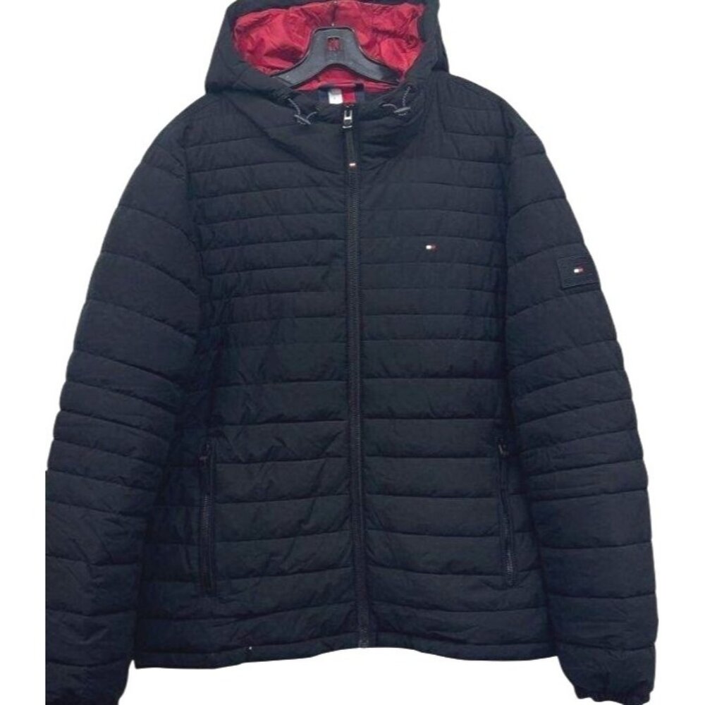 Tommy Hilfiger Men's Black Hooded Puffer Jacket XL Red Lining Winter‎ Coat